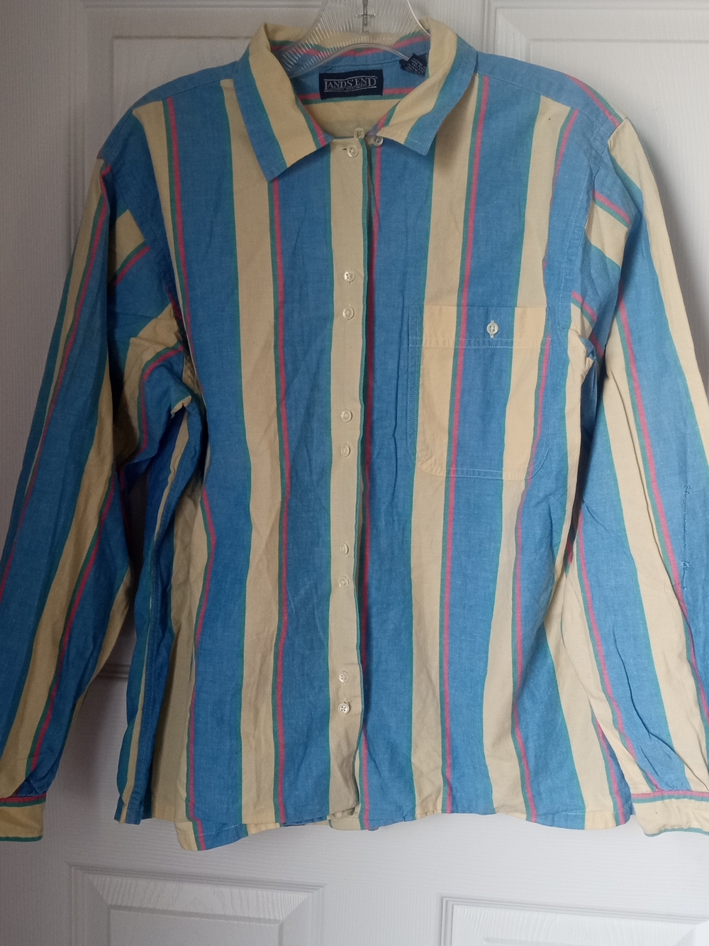 Lands' End Striped Button-Up Shirt in Blue & Tan